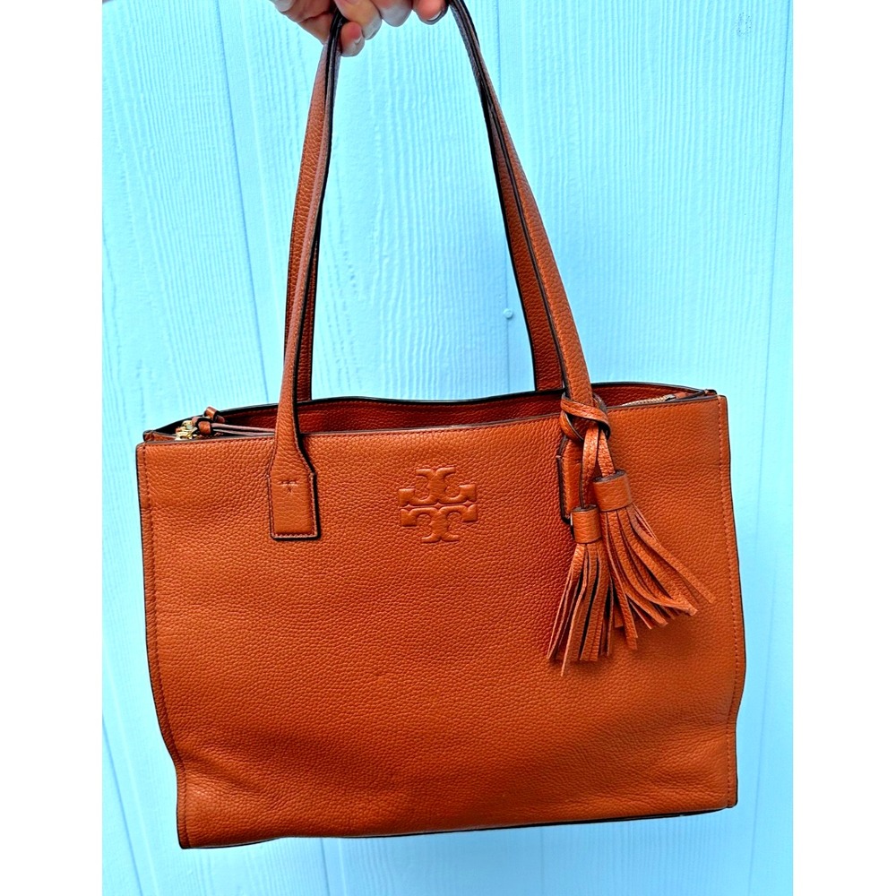 Tory Burch Thea Brown Leather Tote Tassels Purse Multi Pocket Shoulder Bag